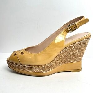 Stuart Weitzman Espadrille Peep Toe Wedge Heels Sandals Camel Tan Patent Leather